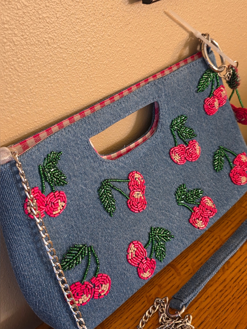 HANDMADE IN INDIA BLUE DENIM BEADED CLUTCH BAG W/ BAG CHARM *CHERRIES* NEW - Picture 3 of 16